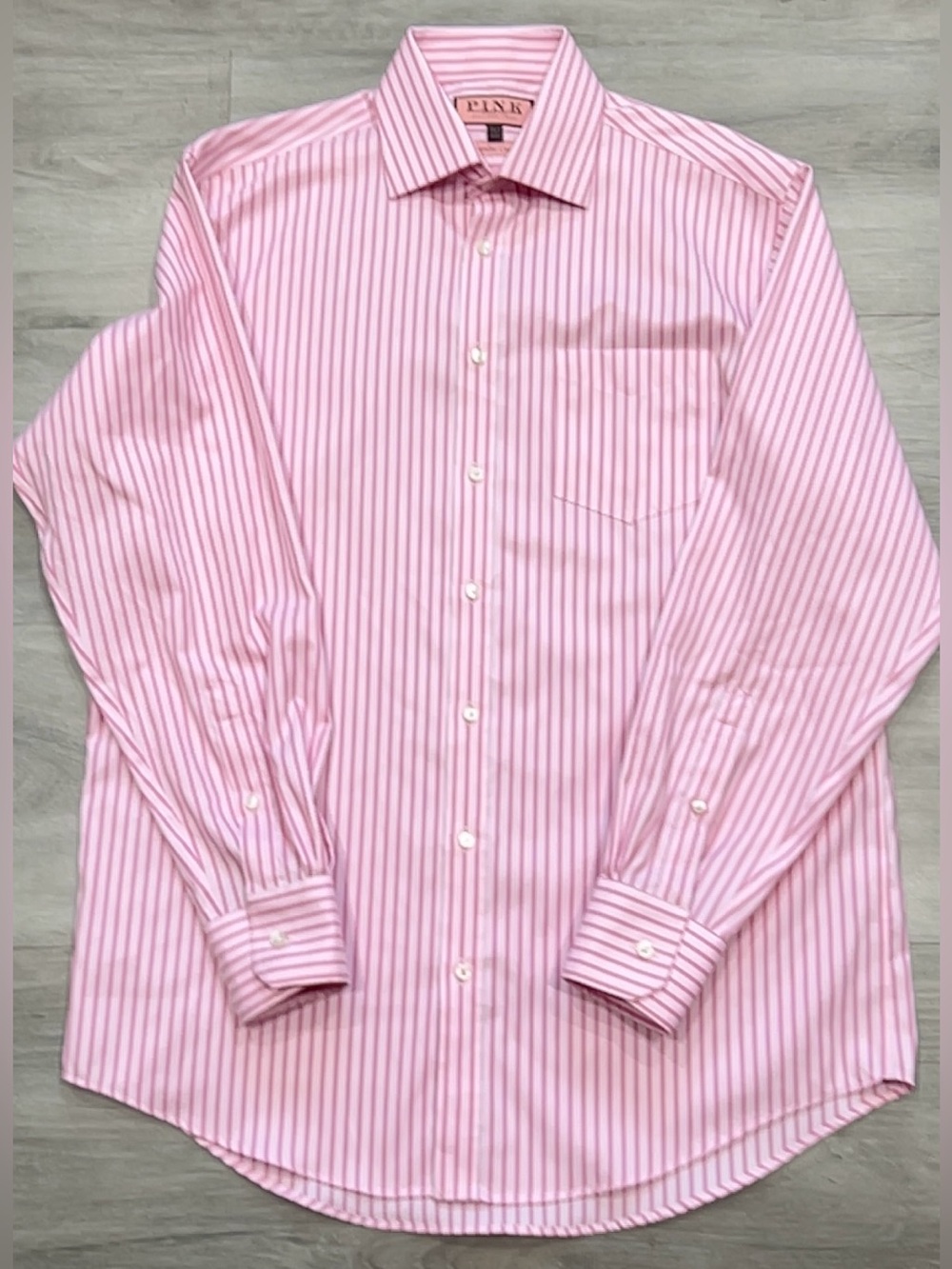 Thomas Pink Mens Pink White Striped Traveller Classic Dress Shirt 15.5-34